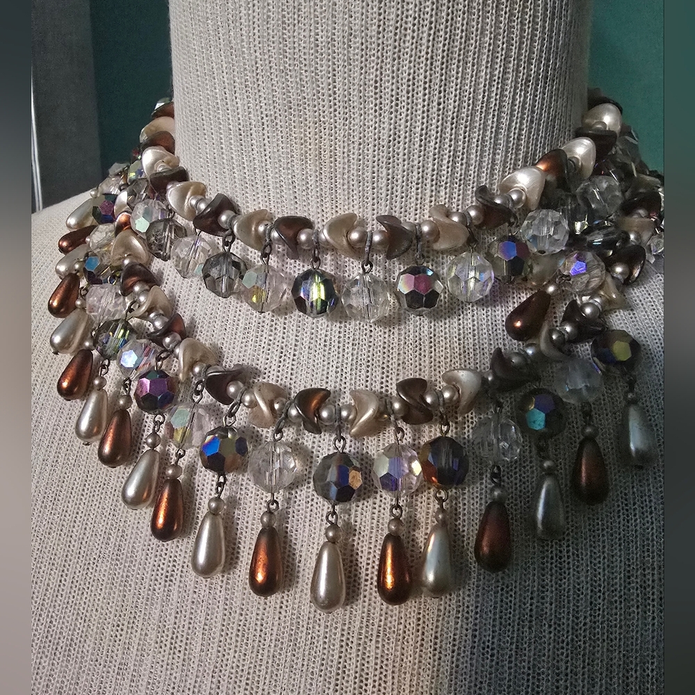 Breath-taking Vintage Multi-strand Pearl and Crystal Necklace
